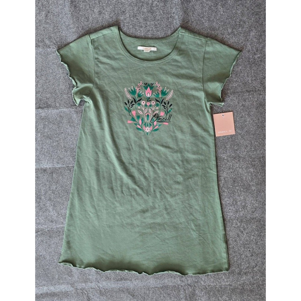 NWT O'Neill Girls Britta T-Shirt Dress Large sage green floral logo ruffled hem